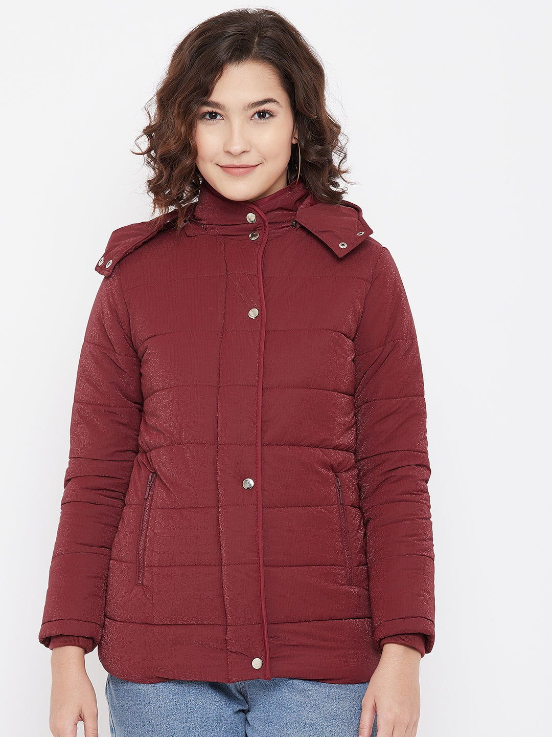 Maroon Detachable Hood Jacket - Women Jackets