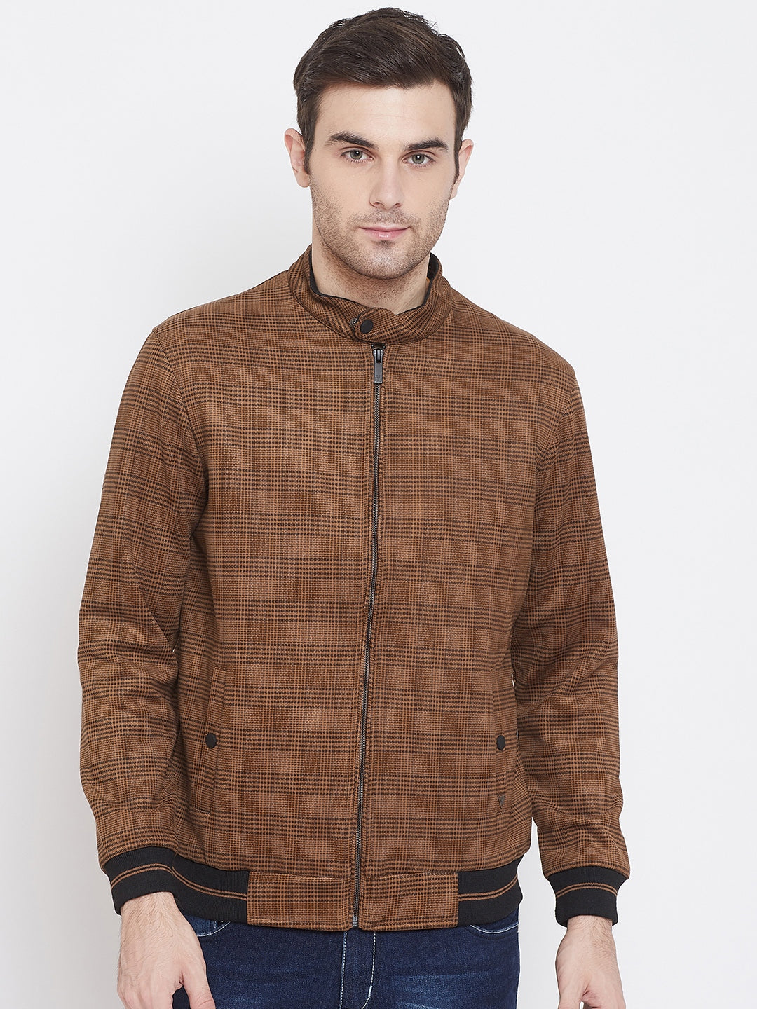 Brown Checked Mock Neck Jackets-Mens Jacket-Crimsoune Club