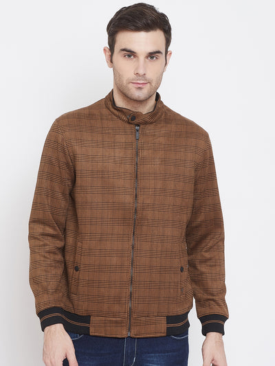 Brown Checked Mock Neck Jackets-Mens Jacket-Crimsoune Club