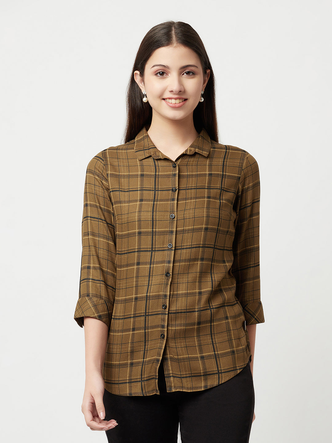 Brown Tartan Checked Shirt-Women Shirts-Crimsoune Club