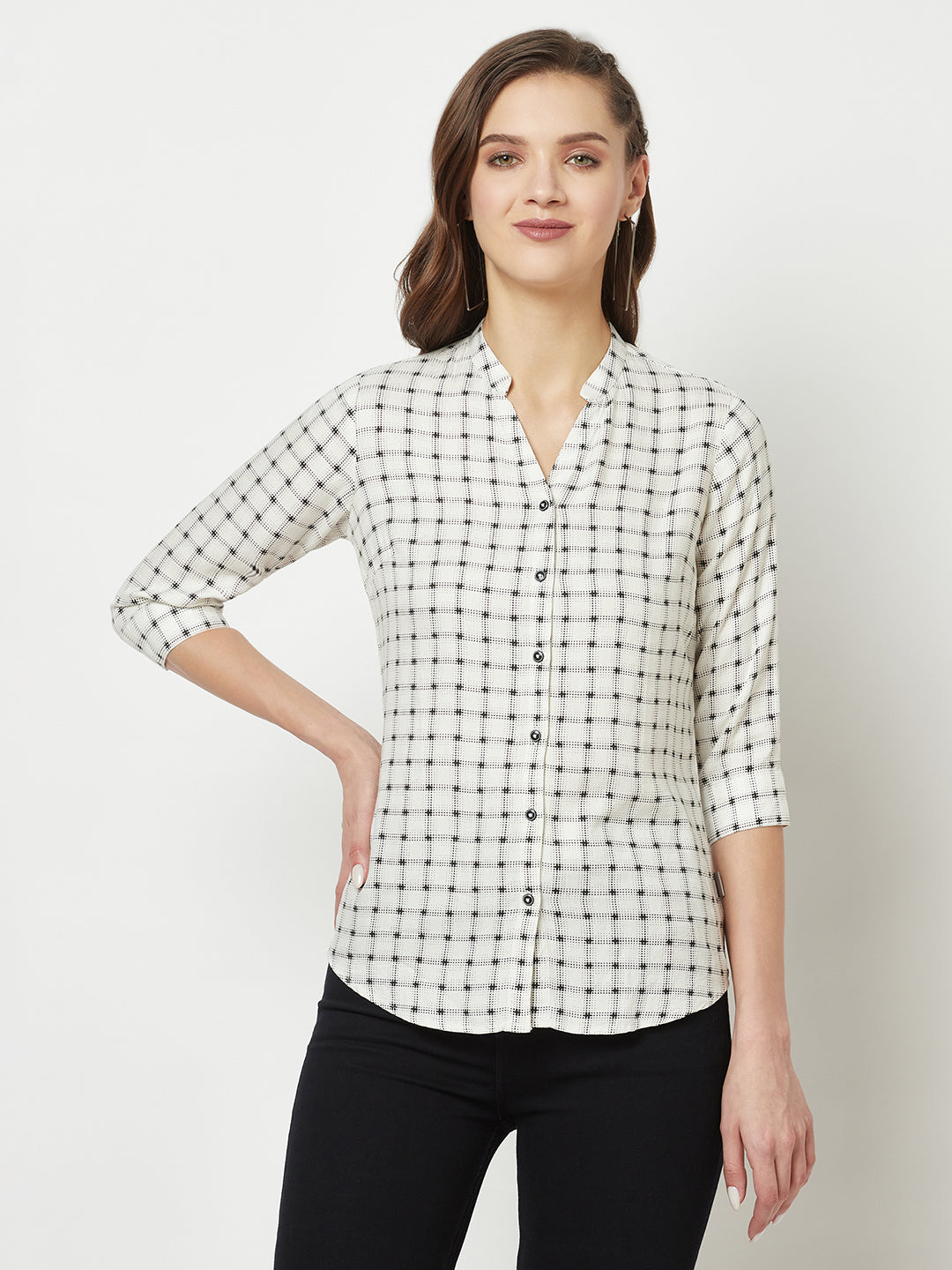  White Checkered Henley-Neck Shirt