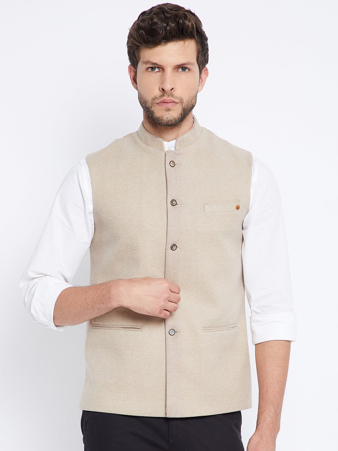 Beige Solid Waist Coat-Mens Waist Coat-Crimsoune Club