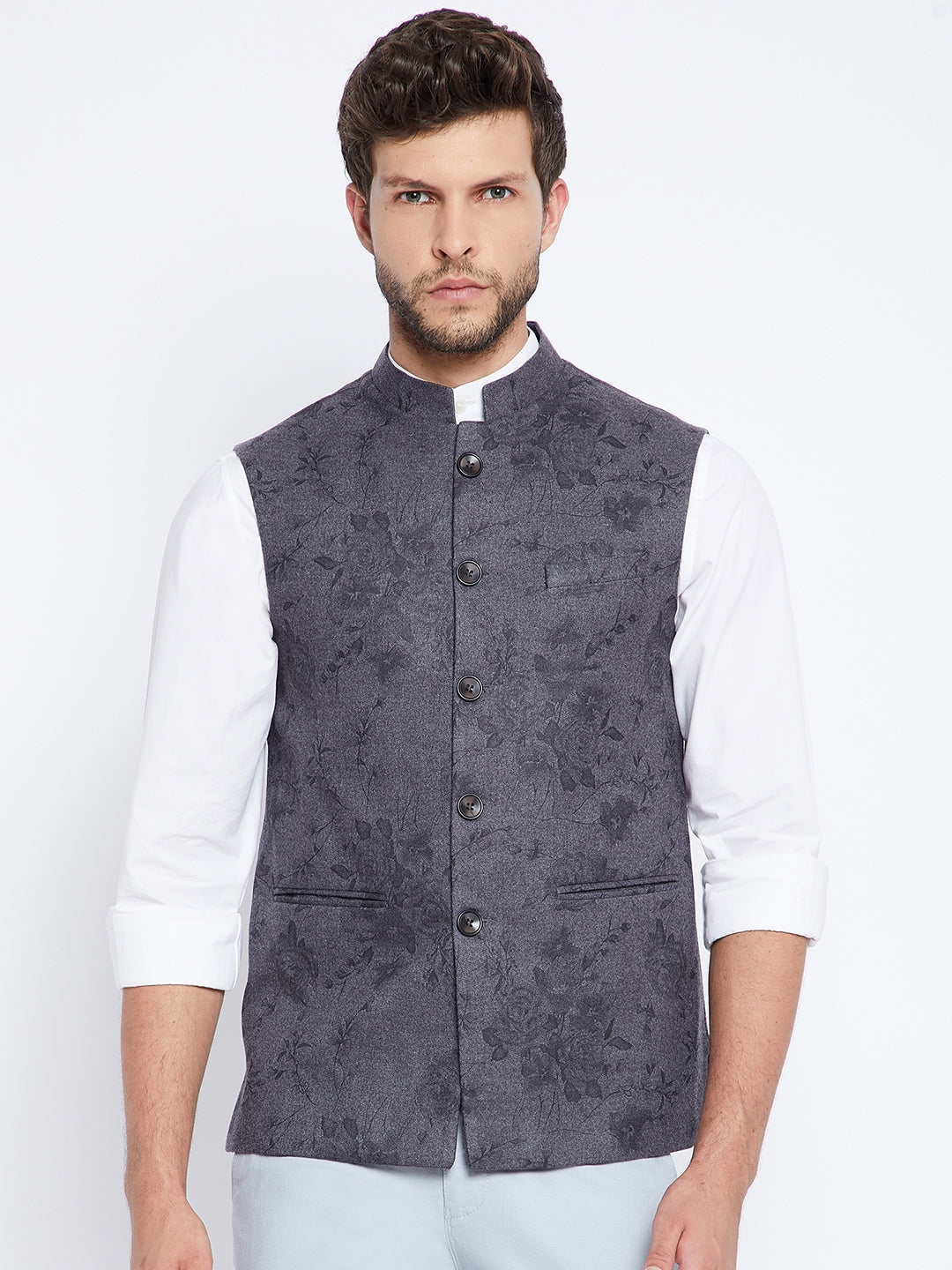 Dark Grey Floral Waistcoat - Men Waist Coat