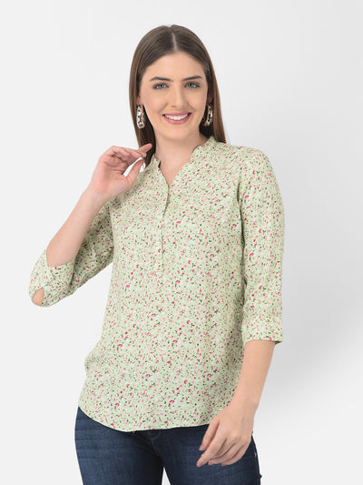 Green Floral Printed Mandarin Collar Top - Apparel & Accessories