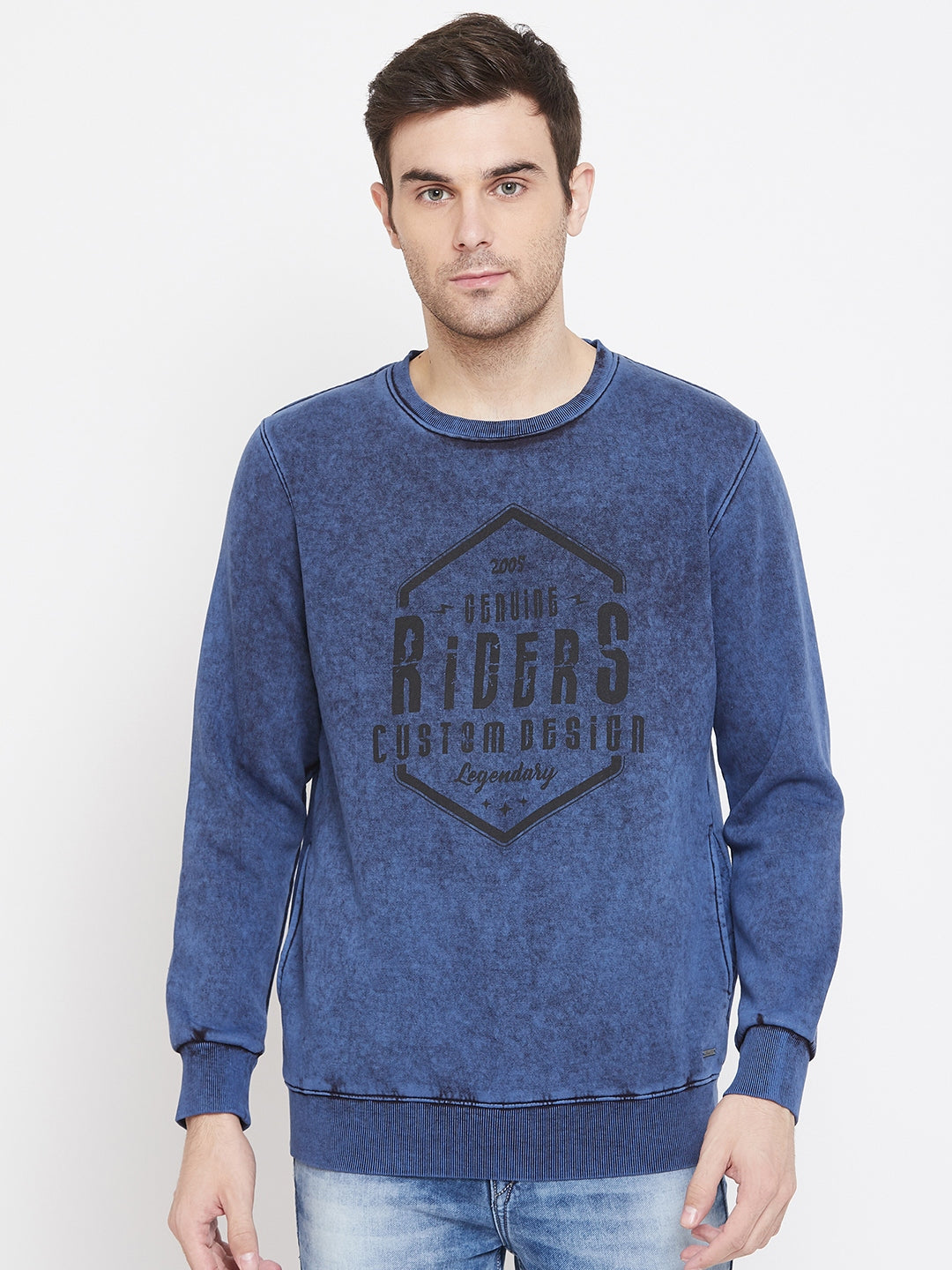 Blue Printed Round Neck Sweatshirt - Men Sweatshirts