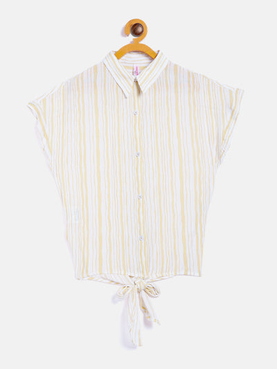 Beige Striped Waist Tie-Up Shirt - Girls Shirts