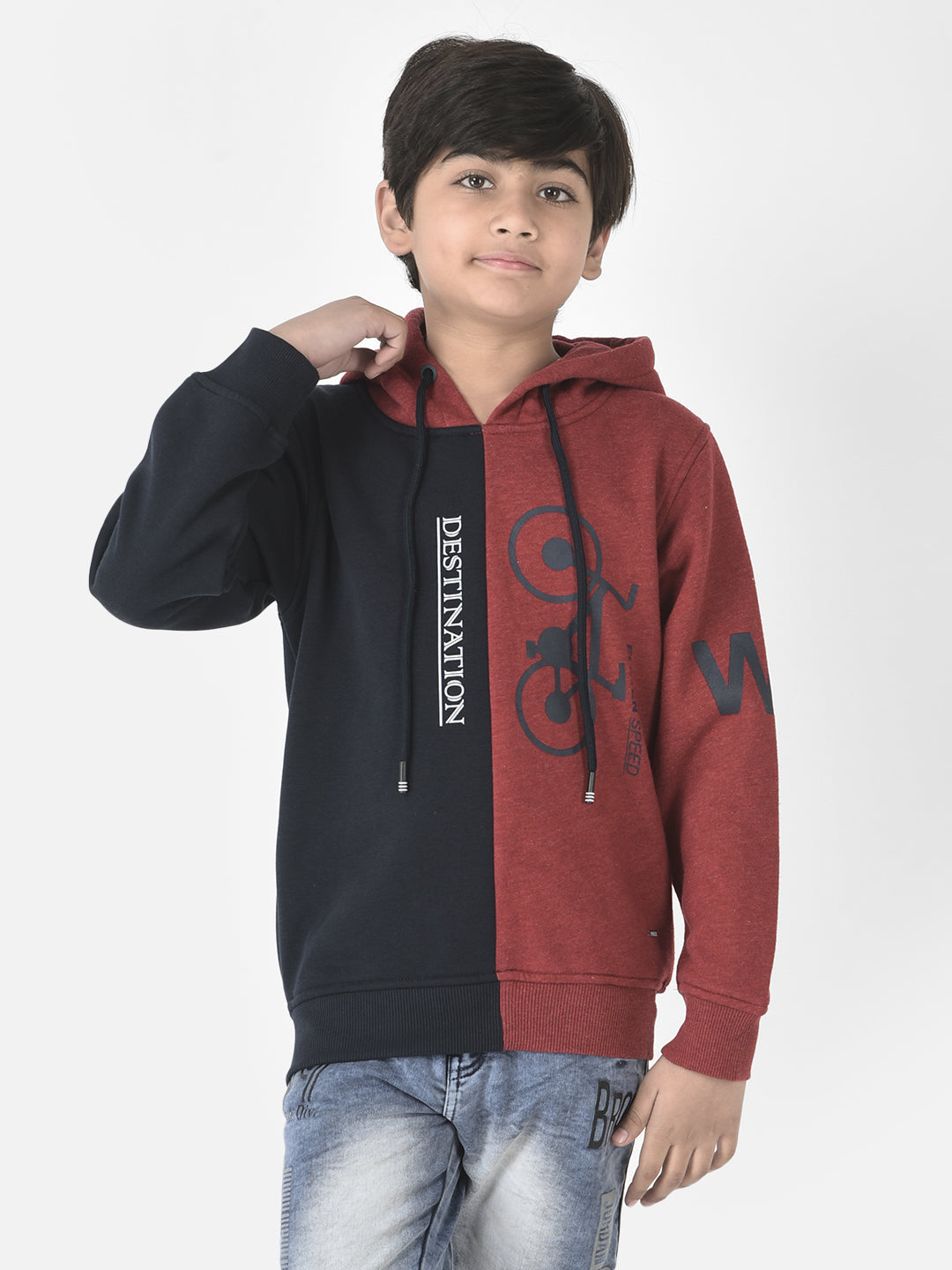  Red Colour-Blocked Graphic Hoodie