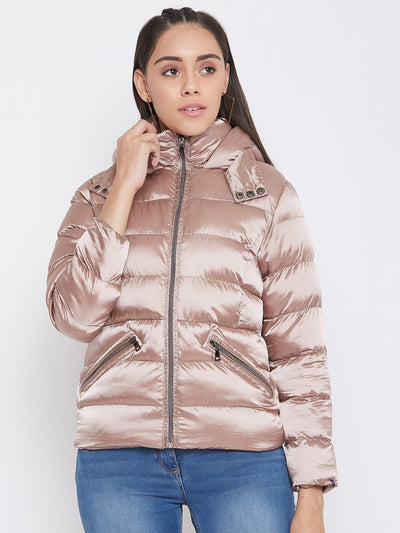 Brown Solid Hooded Jackets-Women Jackets-Crimsoune Club