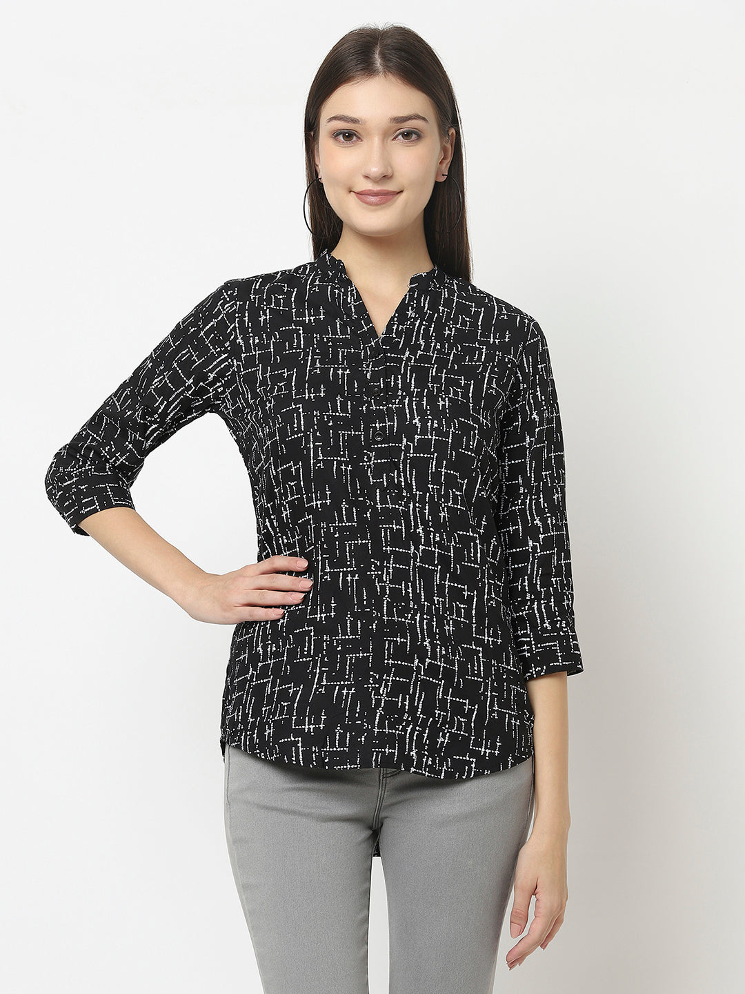 Black Abstract Print Top in Lyocell