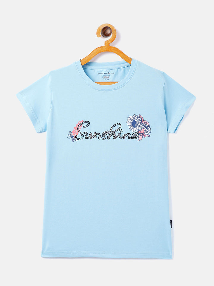 Blue Printed Round Neck T-Shirt - Girls T-Shirts
