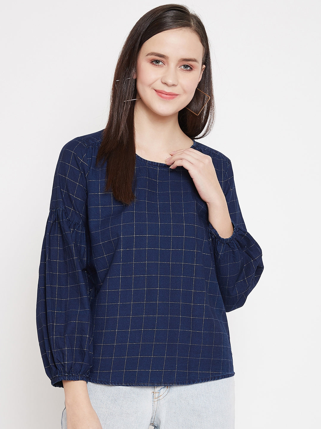 Navy Blue Checked Round Neck Tops - Women Tops