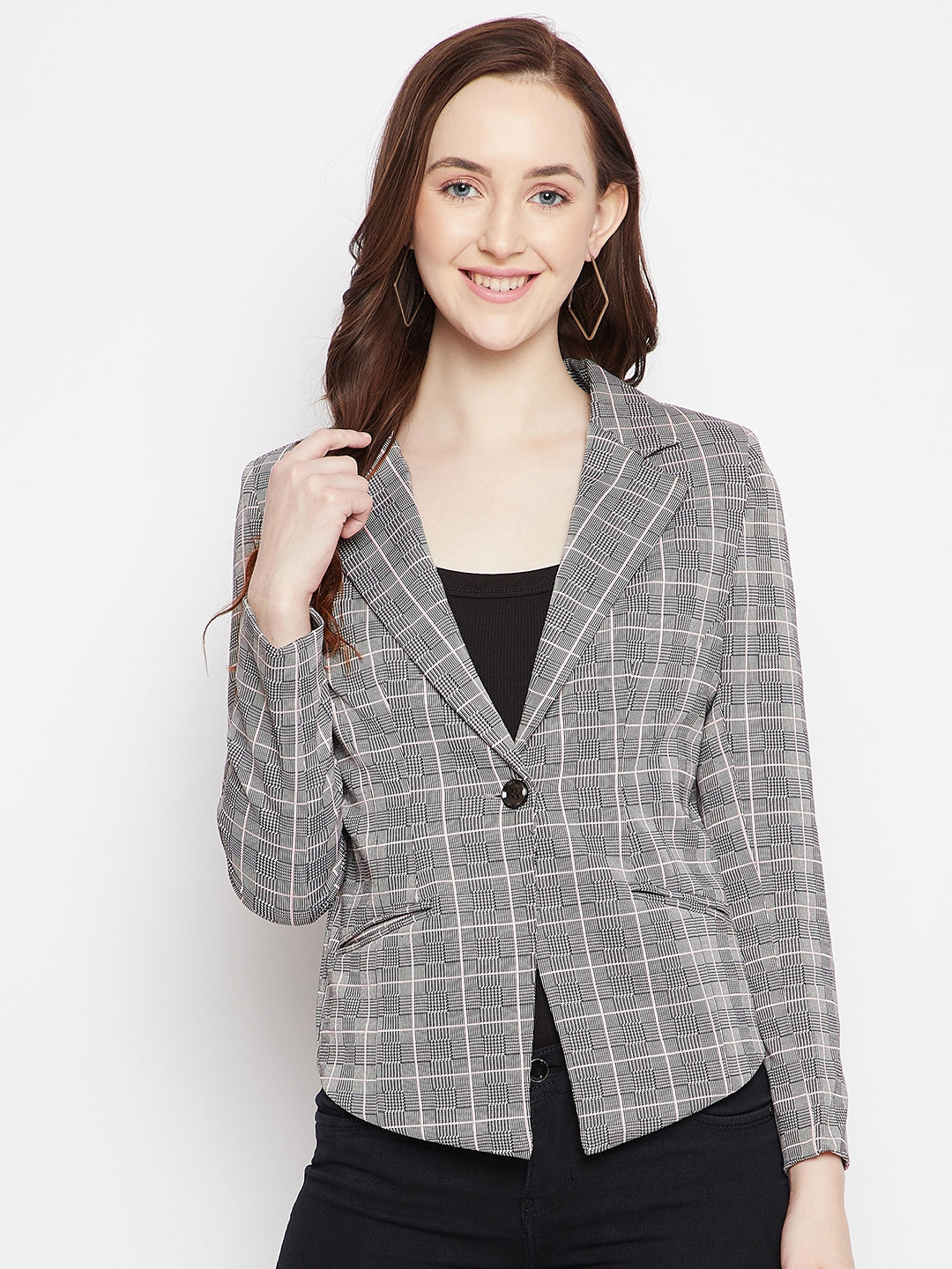 Grey Checked Notched Lapel Blazer - Women Blazer