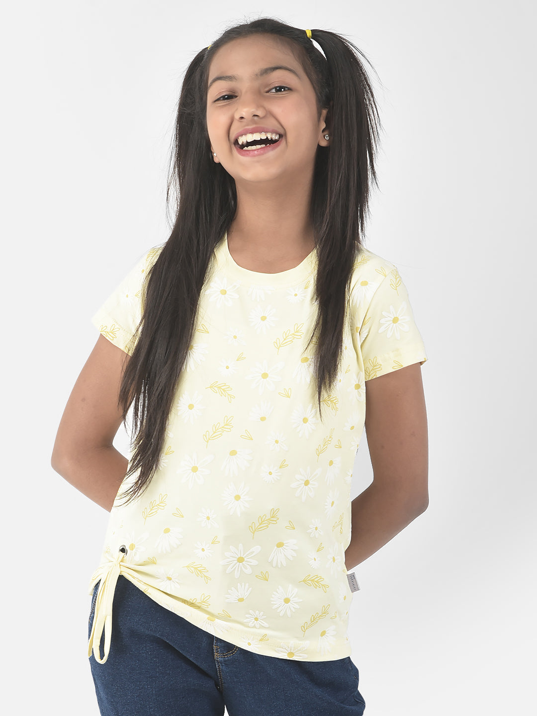  Light Yellow Cinched Floral T-Shirt