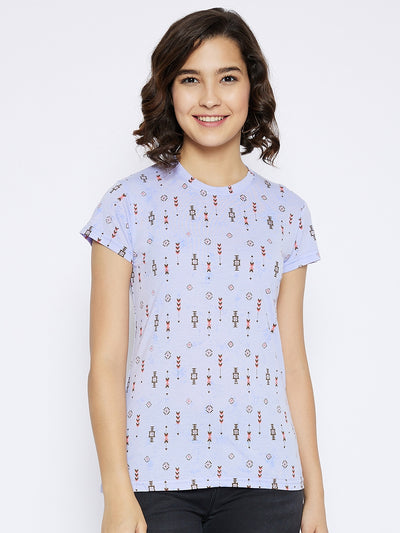 Blue Printed Round Neck T-shirt - Women T-Shirts