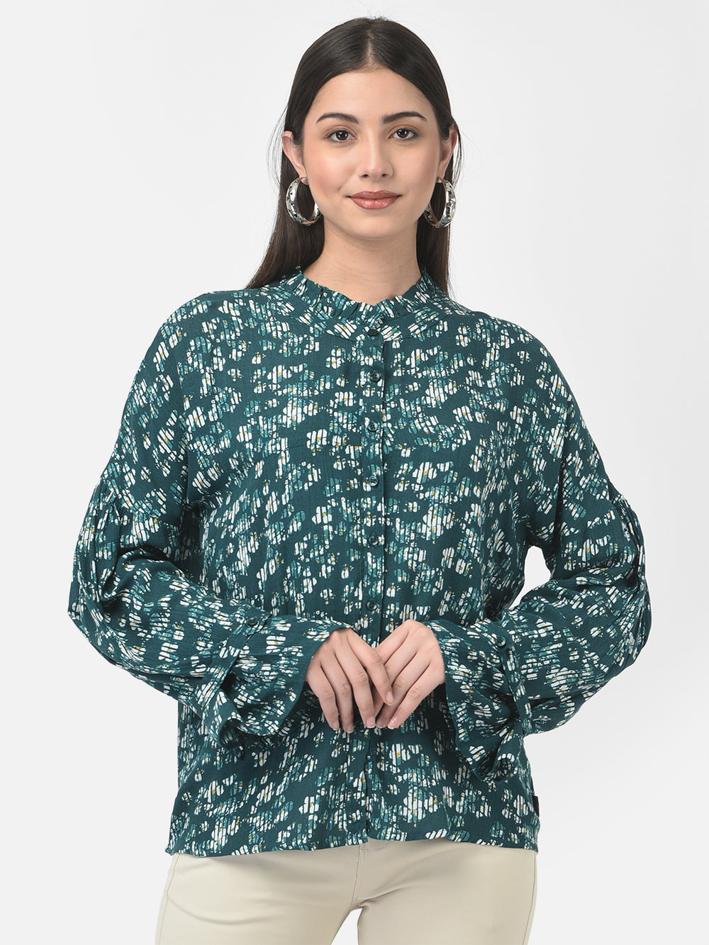 Deep Teal Floral Button-Down Top-Women Tops-Crimsoune Club