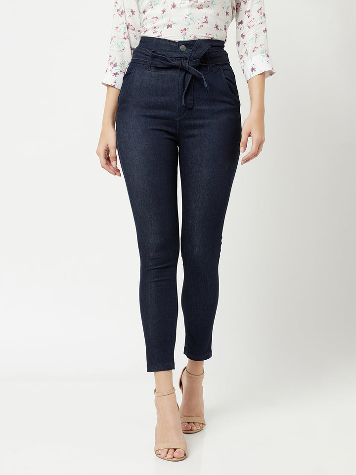 Navy Blue High waist Jeans With Belt-Women Jeans-Crimsoune Club