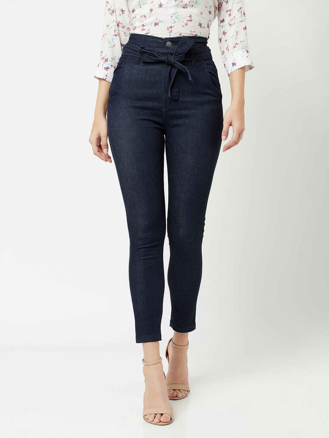 Navy Blue High waist Jeans With Belt-Women Jeans-Crimsoune Club