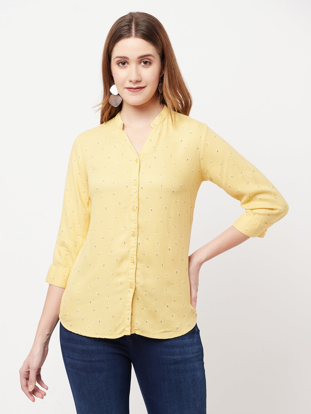 Yellow Floral Printed V-Neck Shirt - Women Shirts