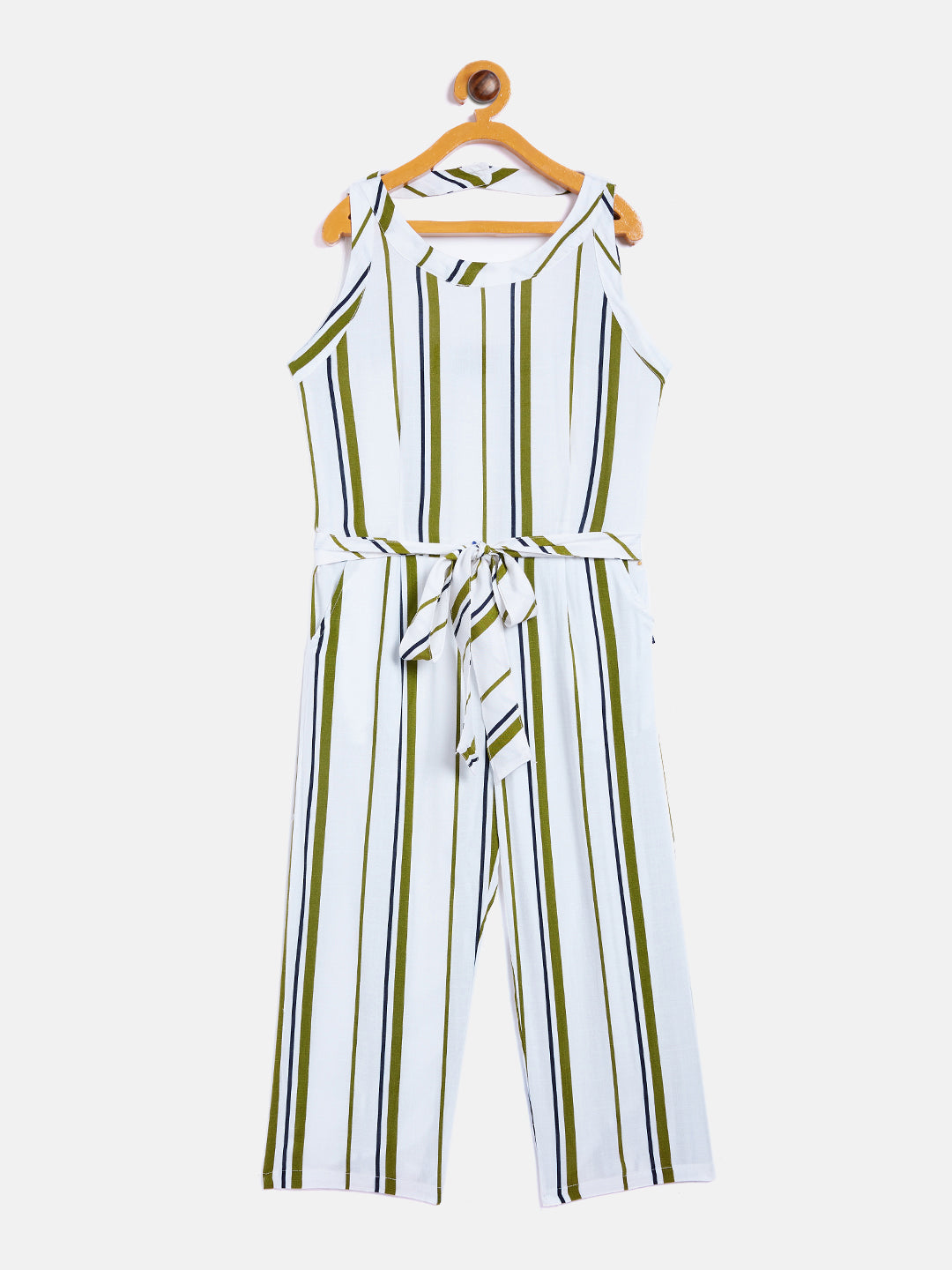 Green Striped Round Neck Jumpsuit - Girls Jumpsuit