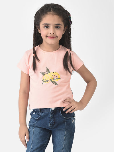  Peach Cropped T-Shirt with Graphic Detail 