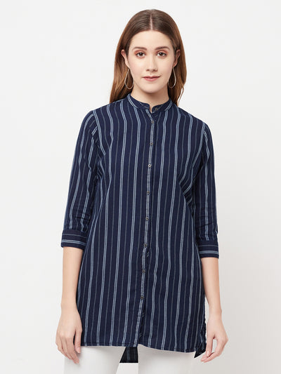 Navy Blue Striped Longline Shirt - Women Shirts