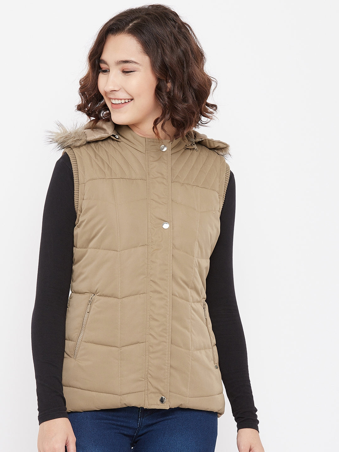 Beige Detachable Hood Jacket - Women Jackets