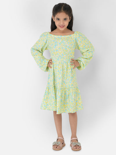 Green Floral Printed Dress - Girls Dress