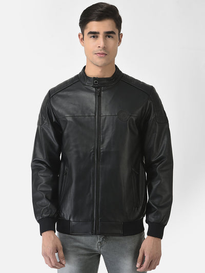  Black Leather Jacket with Logo Work 