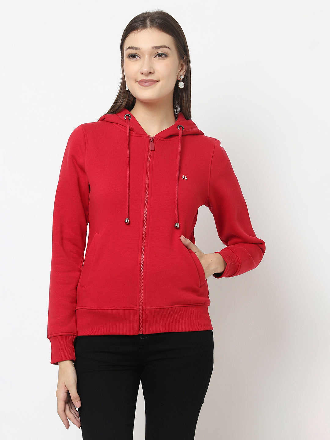 Red Open-Front Sweatshirt with Hooded Neck