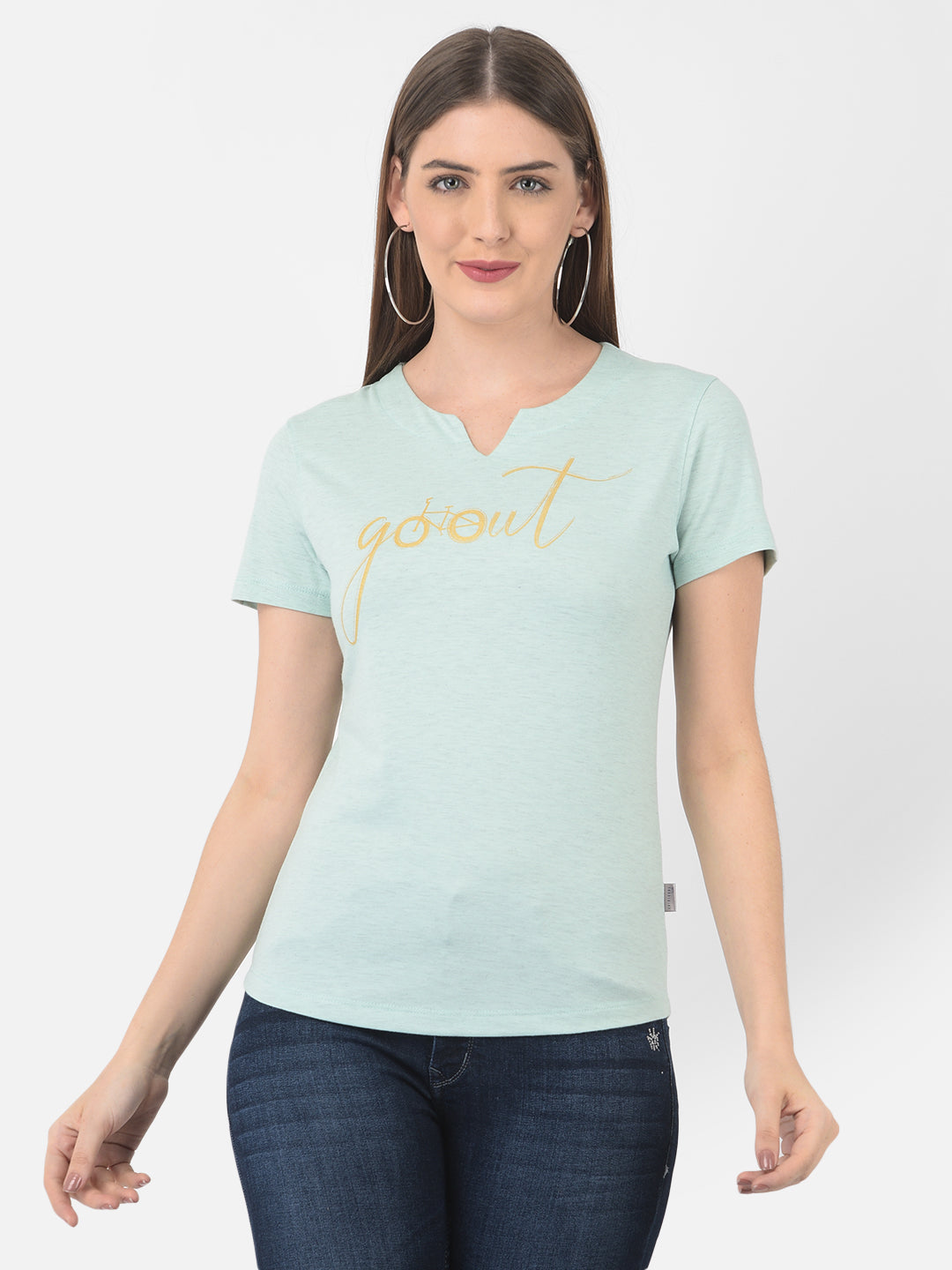 Mint Green Printed Round Neck T-Shirt - Women T-Shirts