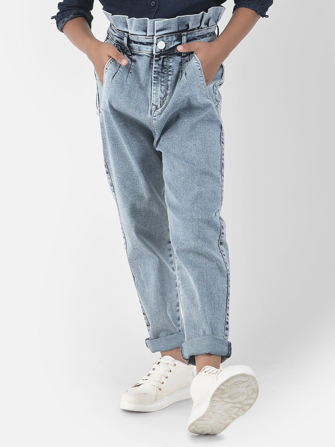  Light Blue Fringe-Waist Denim