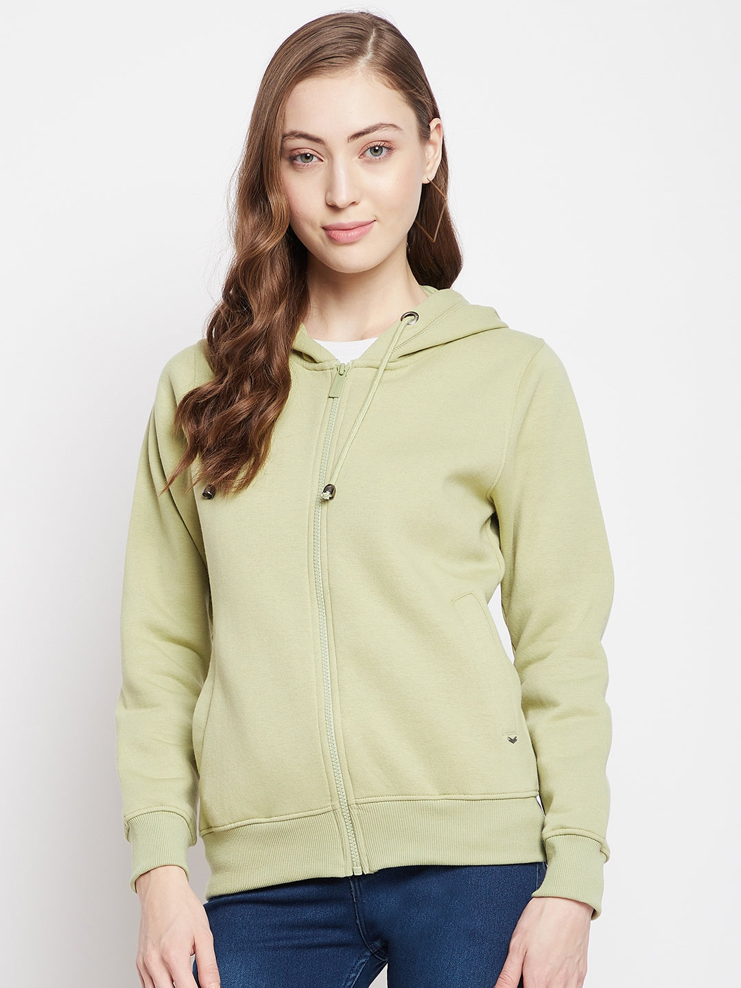 Crimsoune Club Women Olive Solid Hooded Sweatshirt-Women Sweat Shirts-Crimsoune Club