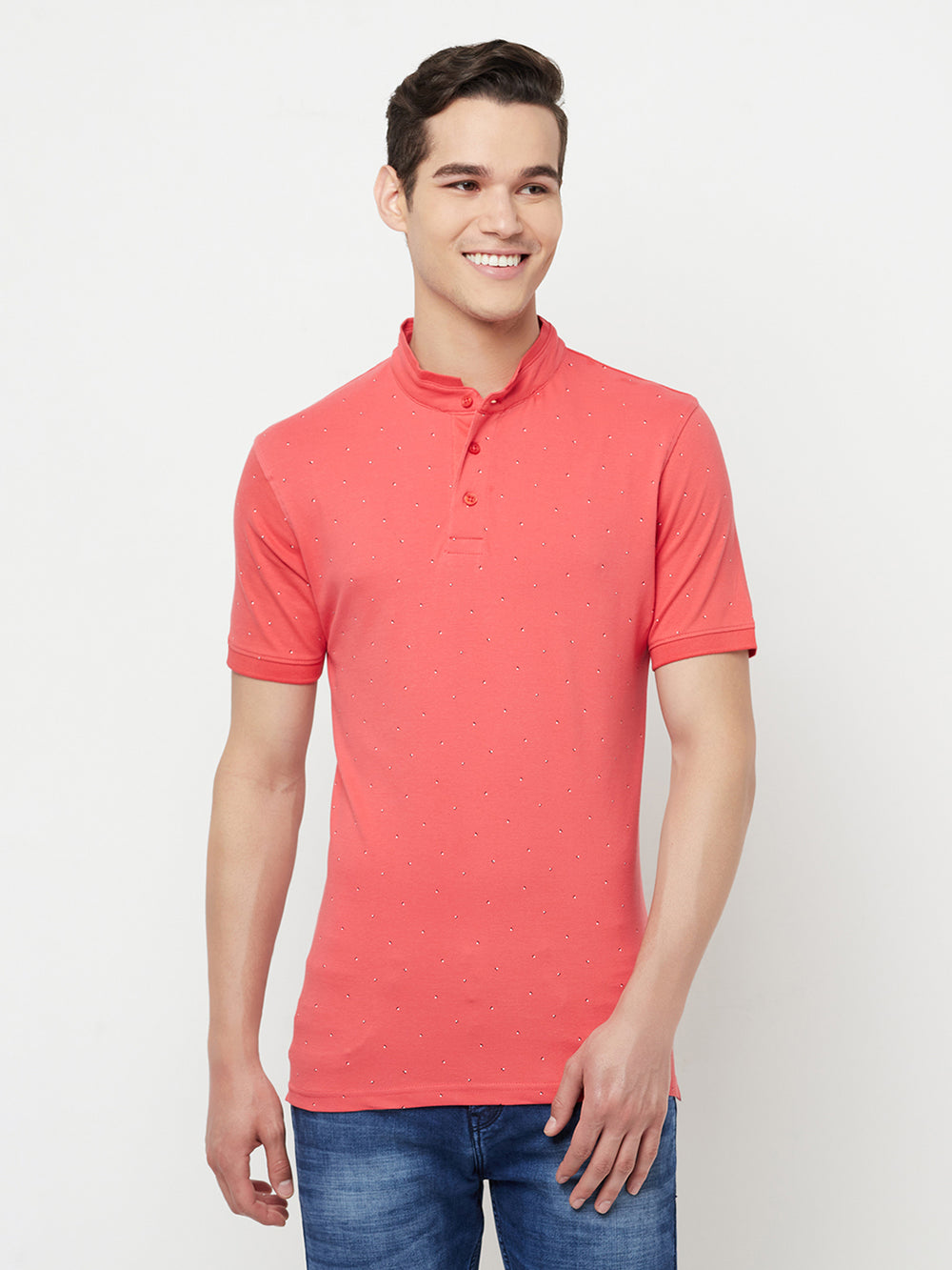 Pink Printed Mandarin Collar T-Shirt - Men T-Shirts