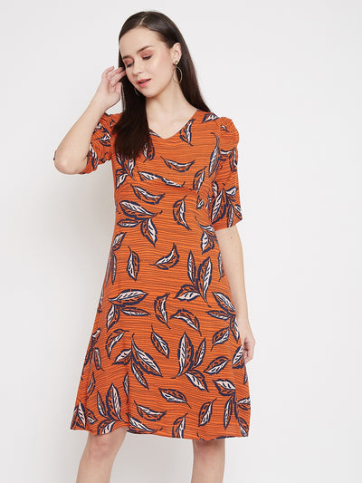 Rust Orange Floral print A-line Dress - Women Dresses
