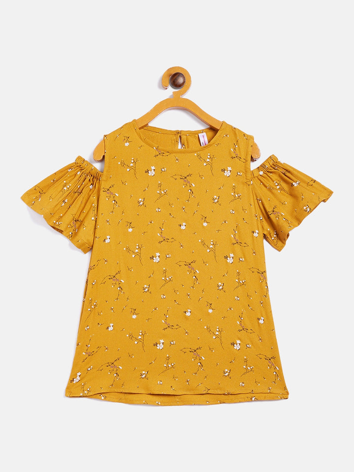 Mustard Printed Cold Shoulder Top - Girls Tops