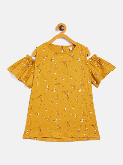 Mustard Printed Cold Shoulder Top - Girls Tops