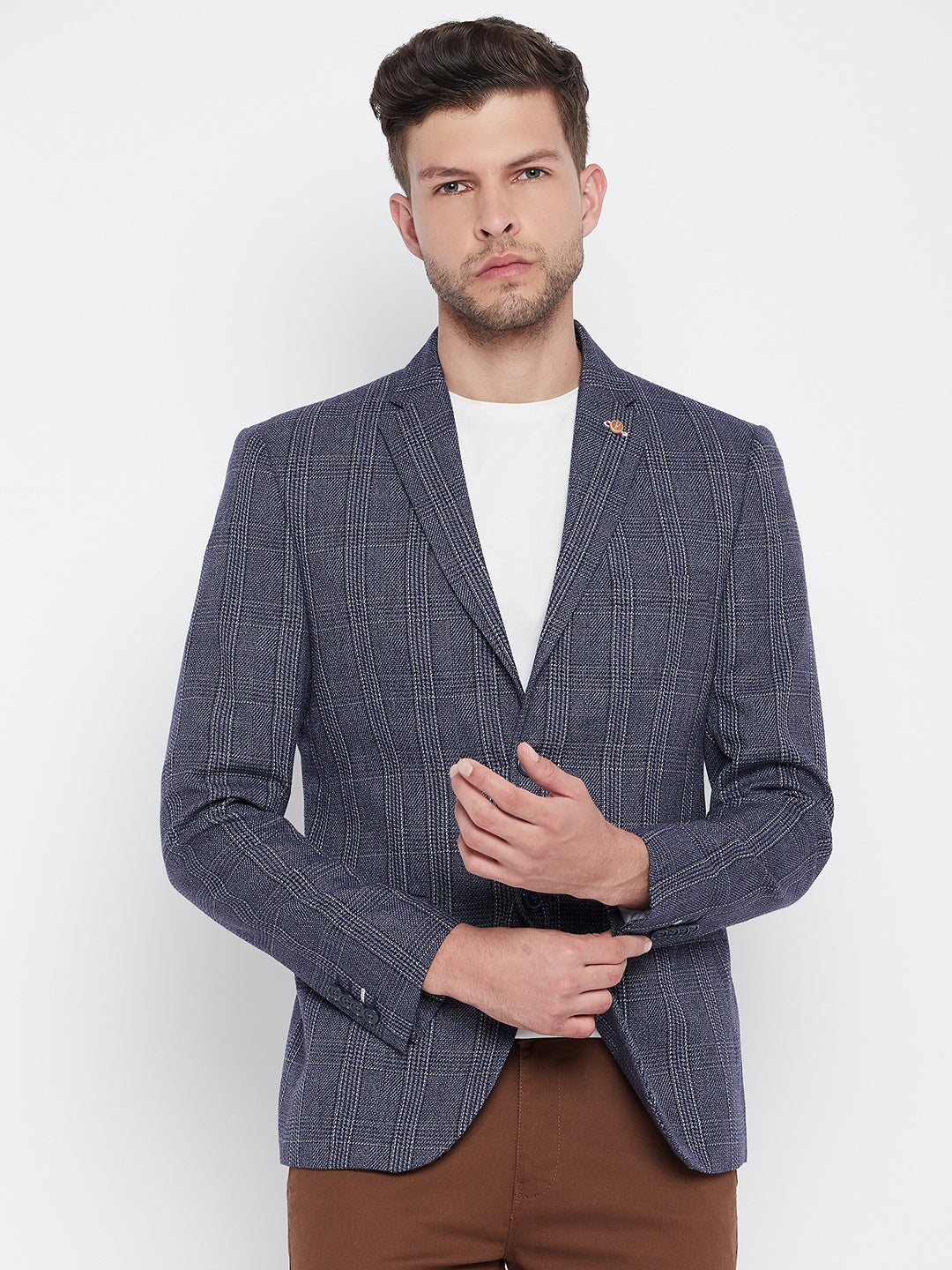 Blue Checked Notched Lapel Blazer - Men Blazers