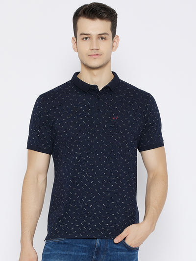 Navy Blue Printed Polo Neck T-shirt - Men T-Shirts