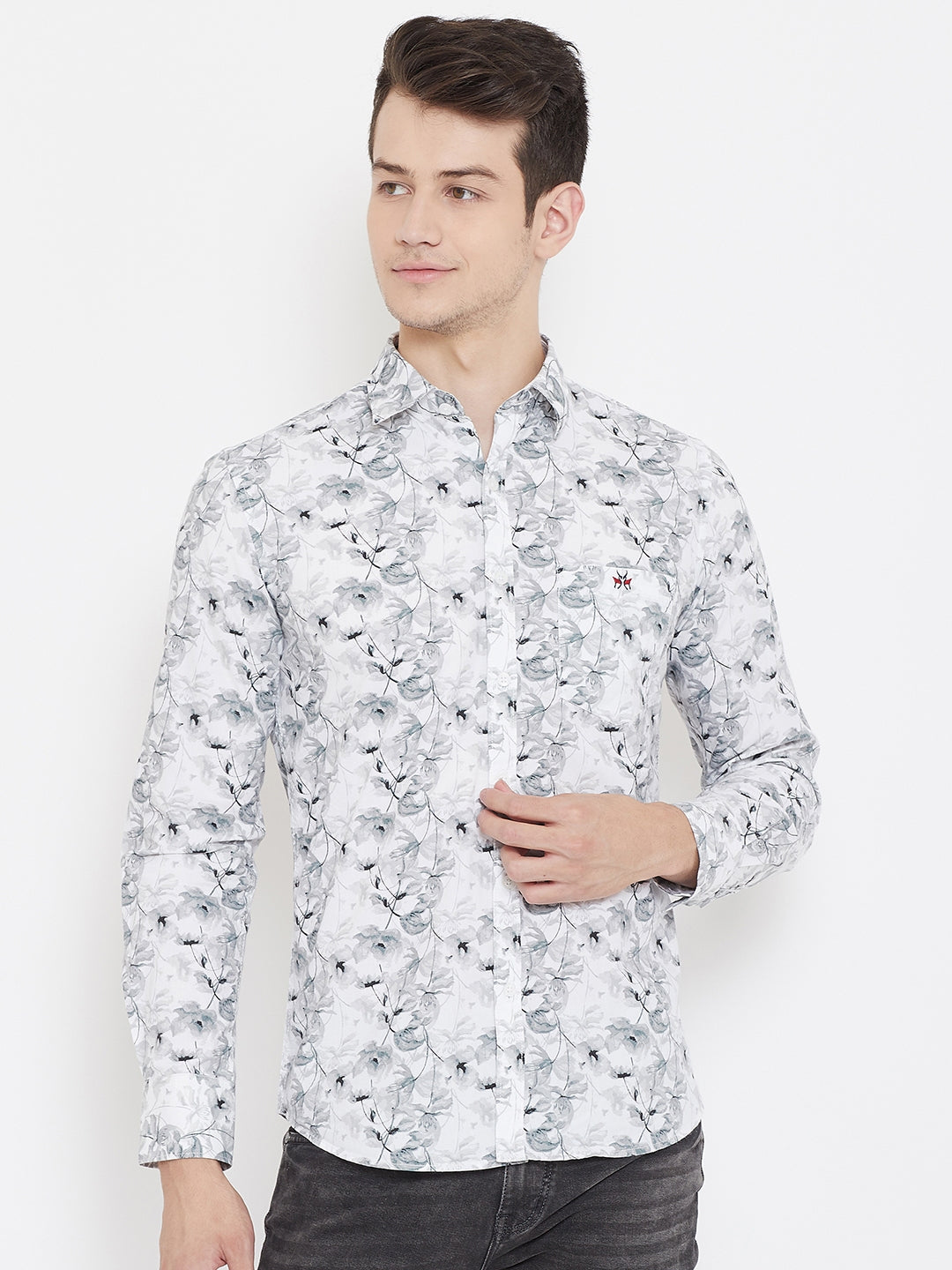 Grey Floral Spread Collar Slim Fit Shirt - Men Shirts