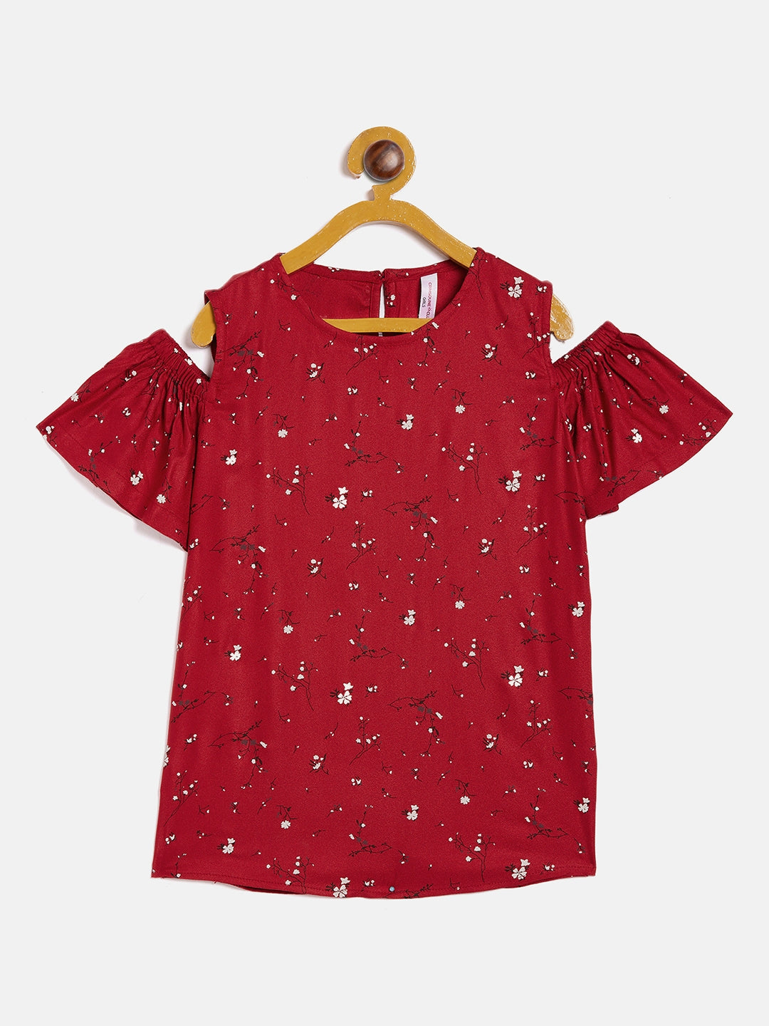 Red Printed Cold Shoulder Top - Girls Tops