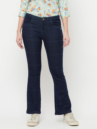 Navy Blue Checked Boot Cut Jeans - Women Jeans