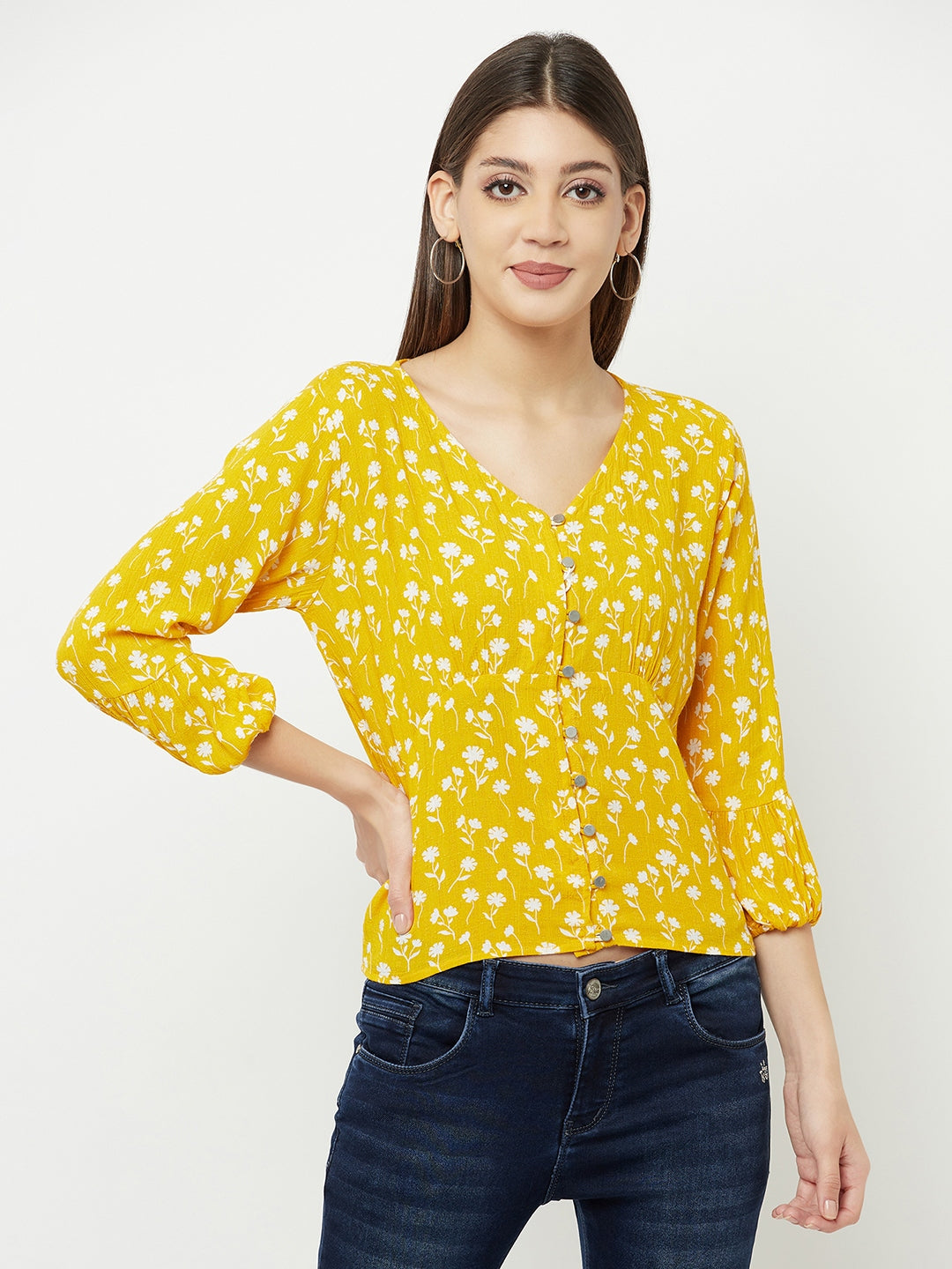 Yellow Floral Printed V-Neck Cropped Top - Women Tops