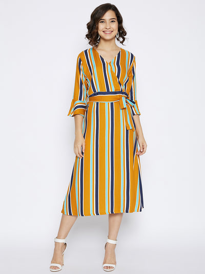 Mustard Striped Wrap Dress - Women Dresses