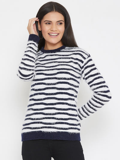 White Striped Round Neck Sweater - Women Sweaters