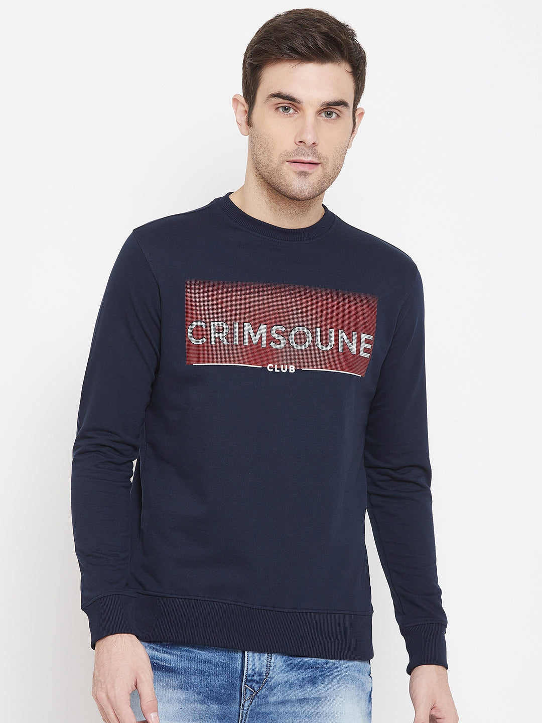 Navy Blue Printed Round Neck Sweatshirt - Men Sweatshirts