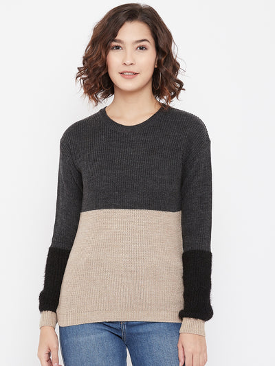 Grey Colorblocked Round Neck Sweater - Women Sweaters