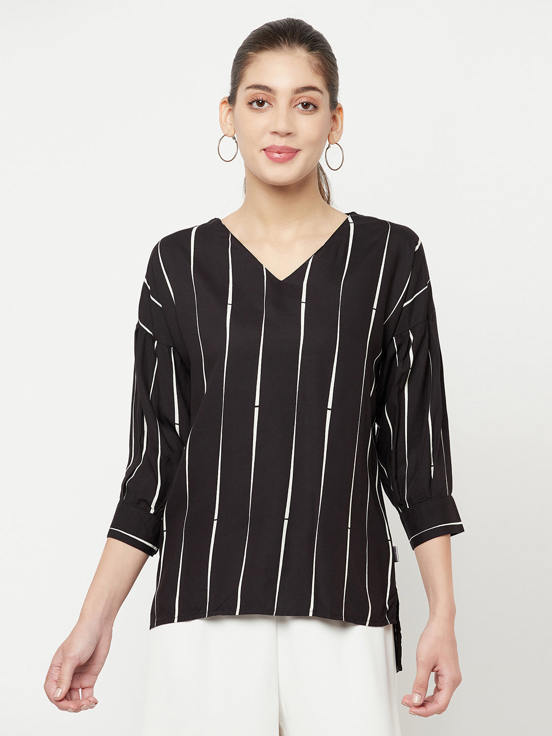 Black Striped V-Neck Top - Women Tops