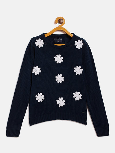 Navy Blue Embroidered Round Neck Sweater - Girls Sweaters