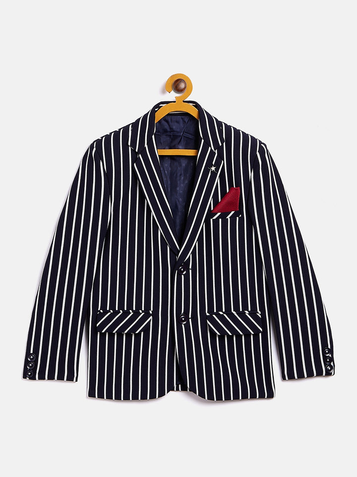 Navy Blue Striped Notched Lapel Blazer-Boys Blazer-Crimsoune Club