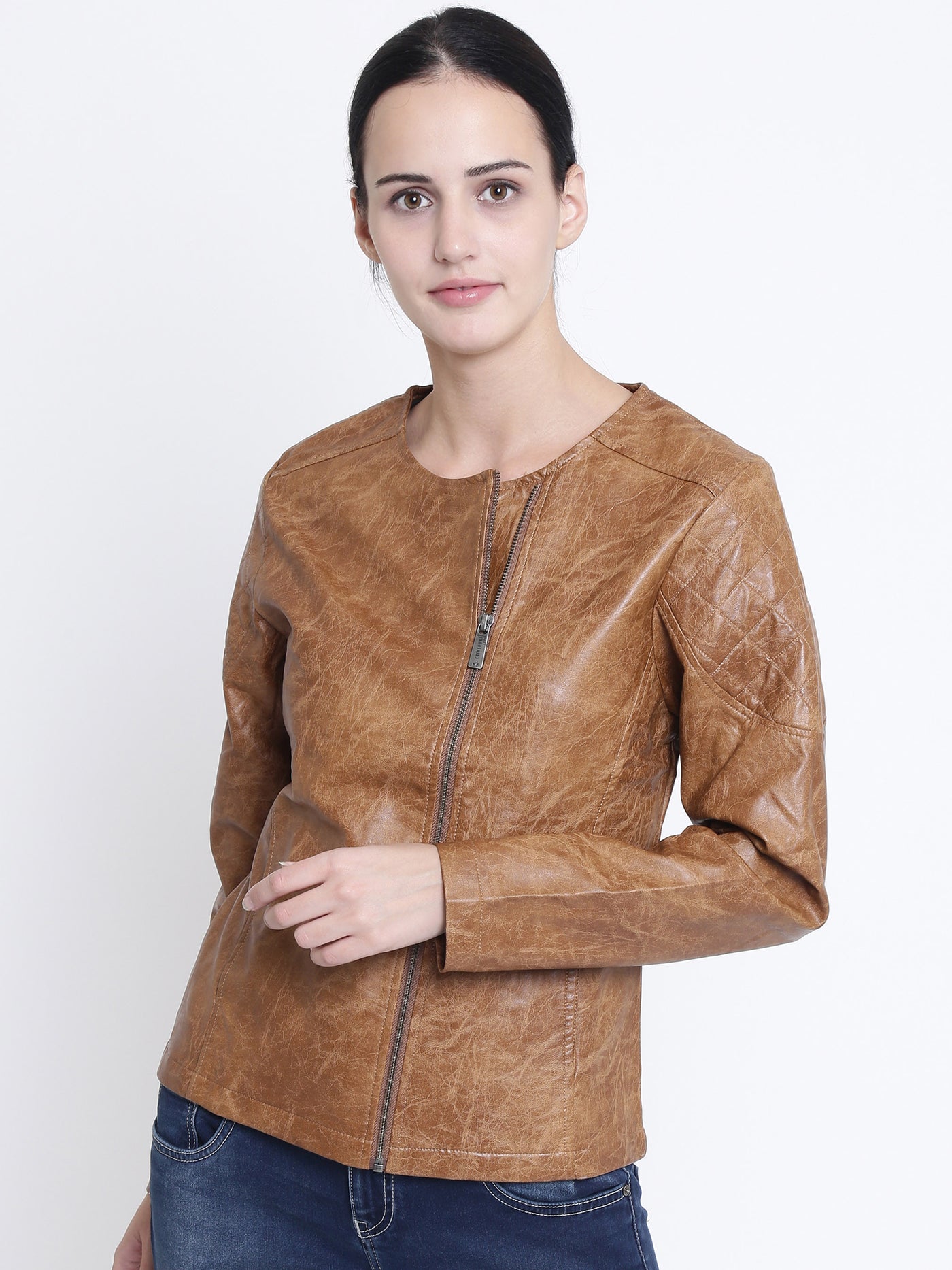 Brown Solid Collarless Jackets-Women Jackets-Crimsoune Club